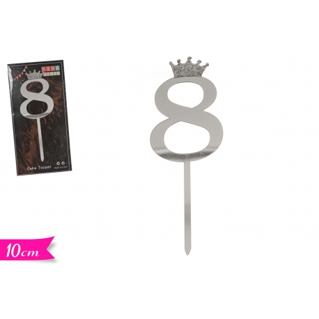 CAKE TOPPER C/STECCO ARGENTO  "8"