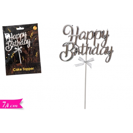 CAKE TOPPER HAPPY BIRTHDAY SILVER 1PZ